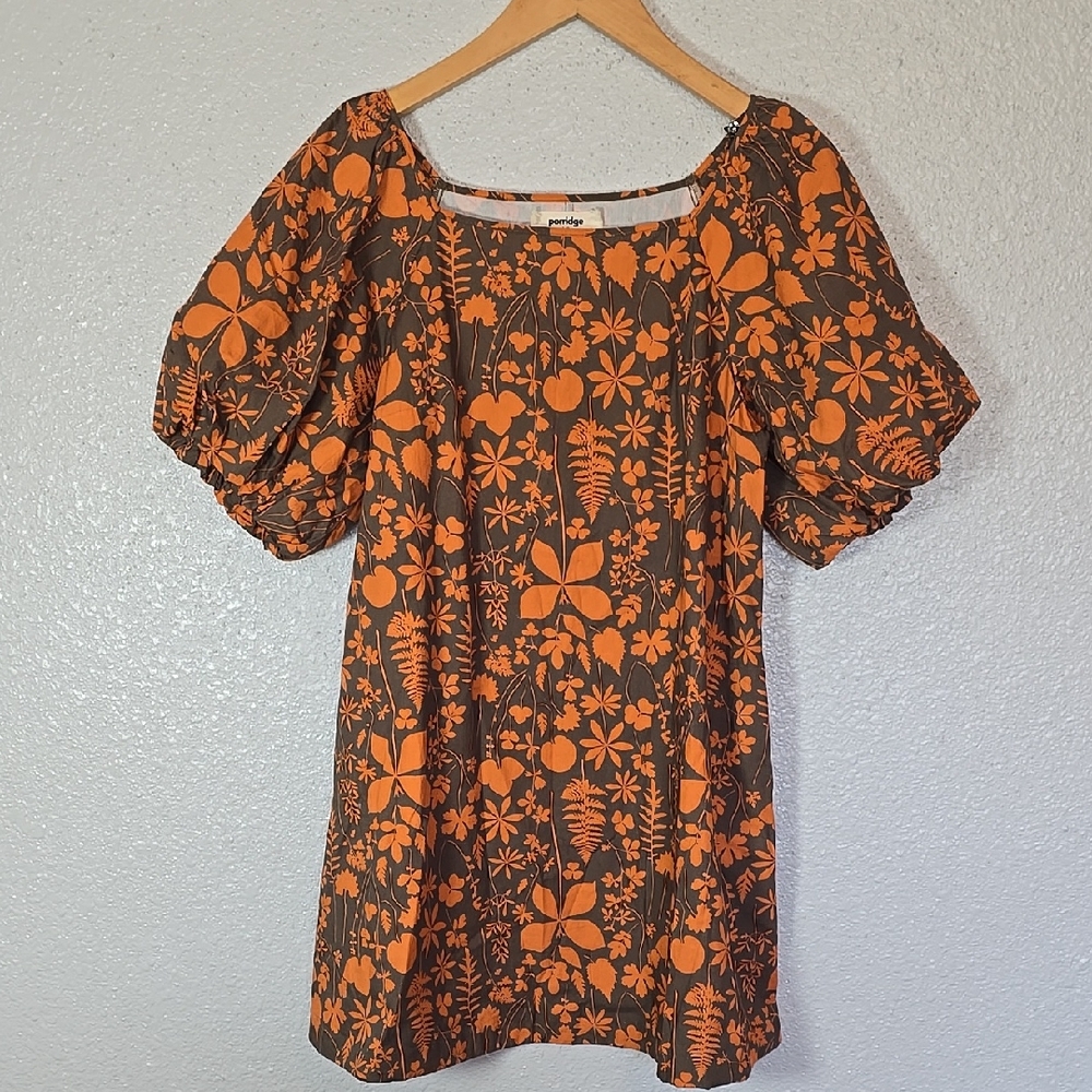 Porridge Elegant Floral Puff Sleeve Dress - Orange and Brown